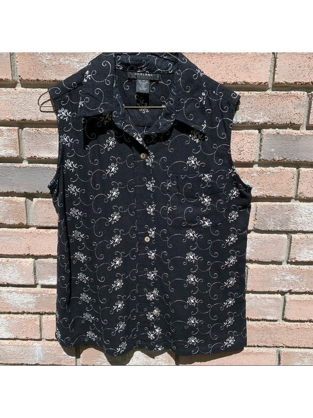 SILKLAND Silk Embroidered Floral Eyelet Sleeveless Top